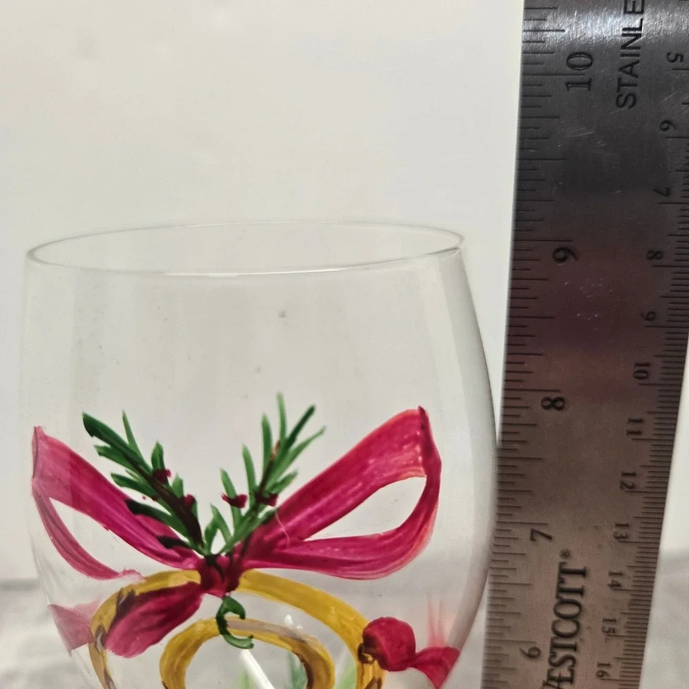 Hand Painted Christmas Wine Glass Holiday Rings Red Bow Candy Cane Stem 9 inch